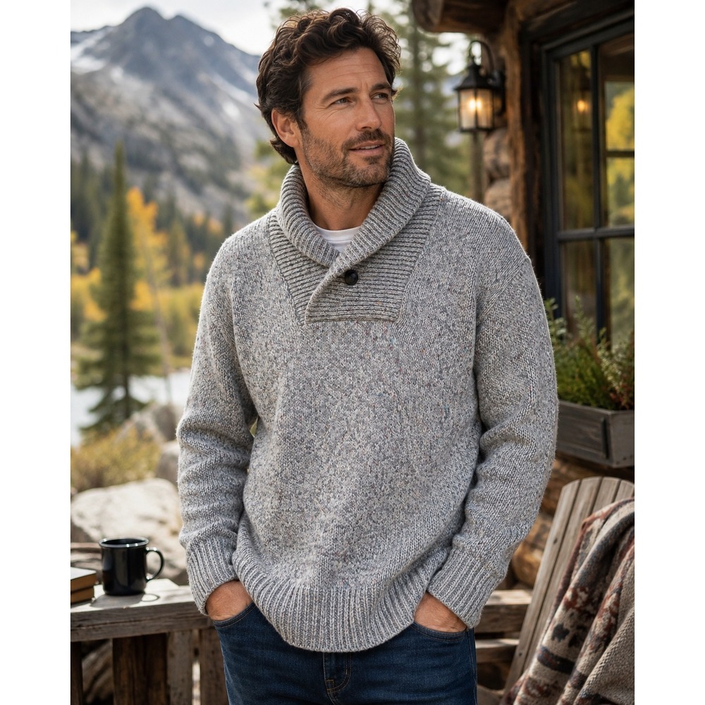 Vintage High Sierra Mervyn's Sweater Mens XL Wool USA Shawl Collar Gray Flecked